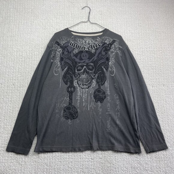 MMA Elite Shirt Men M Grey Thermal Waffle Knit Long Sleeve Samurai Skulls Goth - Picture 1 of 13